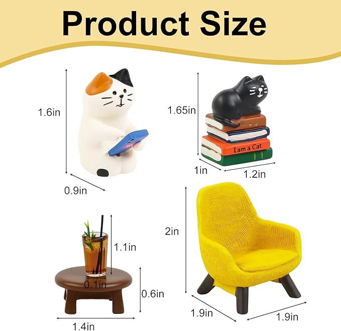 Cute Cat Home Decor Office Desk Accessories, Cats Playing Phone on Sofa and Drinking Coffee, Mini Kitty on Books Miniature Figurines Cats Decorations Gifts for Cat Lovers Computer Book Shelf Decor