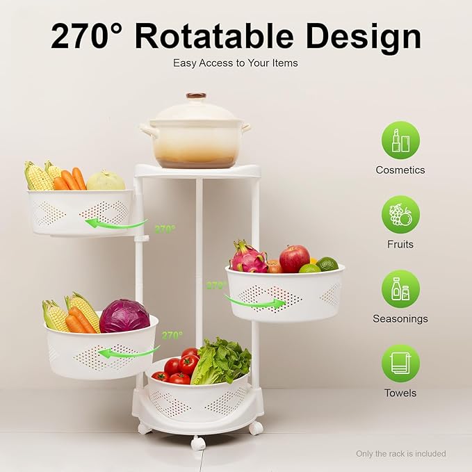 Fruit Basket for Kitchen, 4 Tier Circular Rotating Basket Large Storage Rack with Wheels, Standing Shelf Storage, Multi-Layer Storage Shelves with Top Lid for Living Room, Office, White (4-Tier)