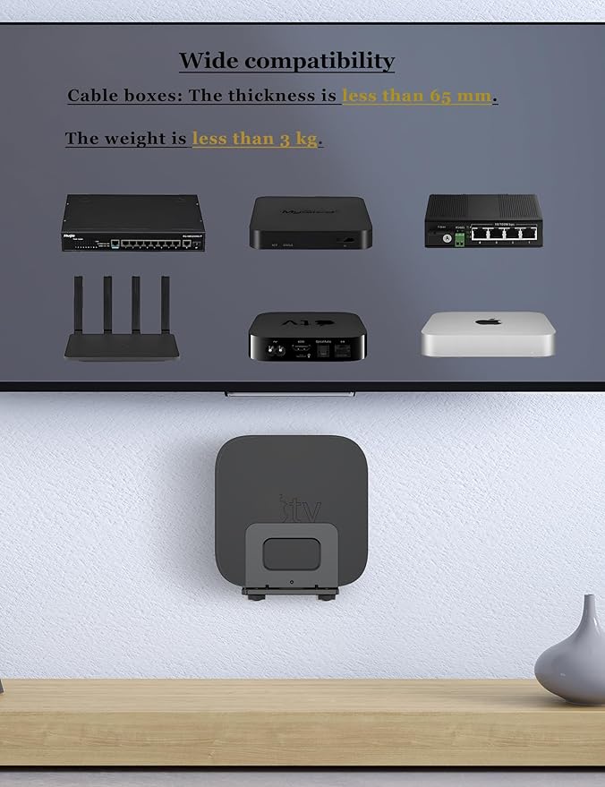 Adjustable Wall Mount Shelf Holder for Mini pc, WiFi Router, Modem, Universal Cable Box Mount Fit for Mac mini, TV Box, Media Players and Other Devices with Thickness Up to 65 mm (Black)