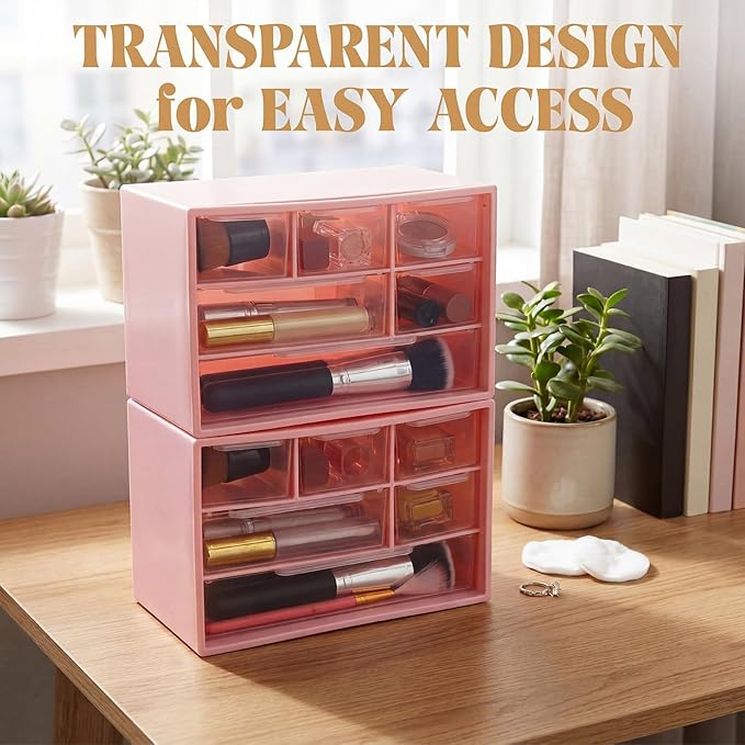 Briwooody 6 Pack Craft Drawer Organizer with 6 Clear Drawers 7.09" X3.94" X4.72" Stackable Suspension, Small Storage Drawers for Office, Classrooms, and Home Desk Organization, Pink