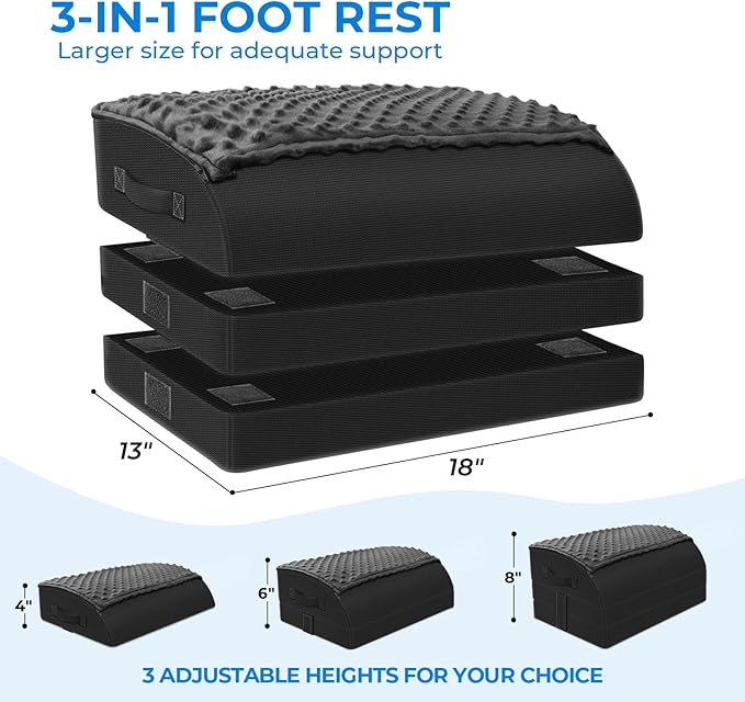 Foot Rest Under Desk for Office Use, Gel Memory Foam Foot Stool with 3 Adjustable Heights and Feet Warm Pocket for Back, Hip, Legs Discomfort Relief, Ergonomic Footrest for Office Chair & Gaming Chair