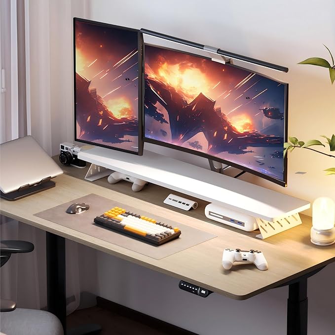 Fenge Dual Monitor Stand Riser, 42.5 Inch Desk Top Shelf for 2 Monitors, Computer Stands for Desk, Wood & Steel Desktop Riser for Laptop, PC, Printer
