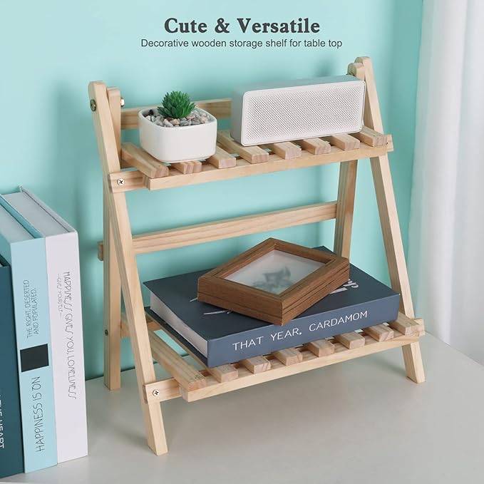 Jotsport 2-Step Desktop Storage Organizer Foldable 2 Tier Ladder Plant Stand Wood Display Shelf Decorative Storage Rack for Table Top