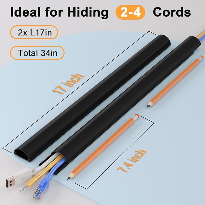 Cord Hider 34in (2X L17in), ZhiYo Cable Hider for 2-4 Cords, Wire Covers for Cords Wall Mount TV, Cable Cover Wall Wire Hider for Cords, Cable Raceway Black, W1.4in x H0.7in
