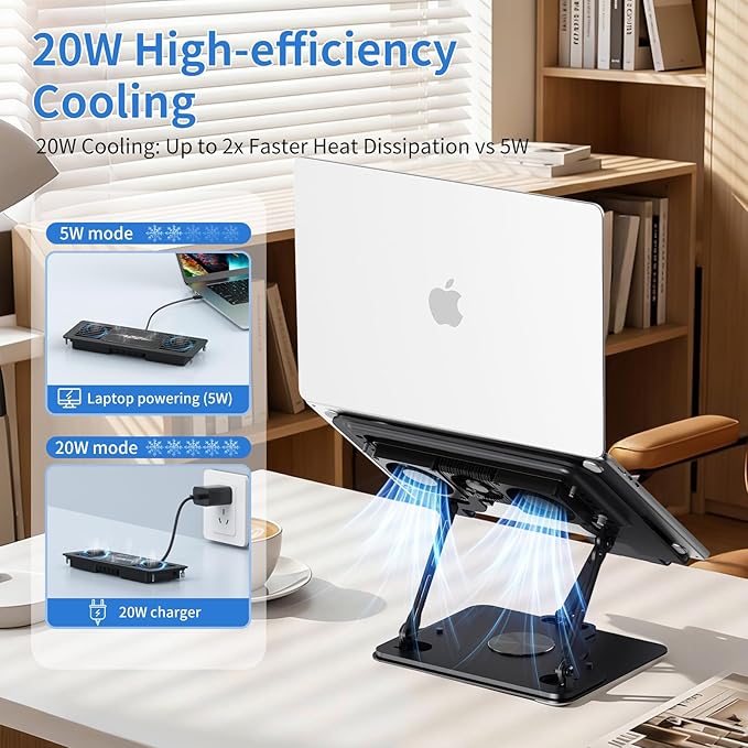 Laptop Cooling Pad with Detachable Fan & Cooler, 2-in-1 Laptop & Phone Stand, Adjustable Angle, 360° Rotatable Base, Carbon Steel, Ultra-Quiet & Super Sturdy for Laptop (Black)