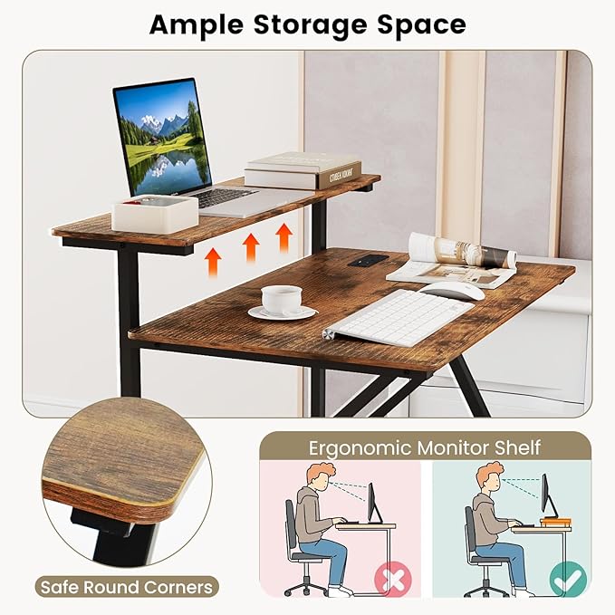 Tangkula Rolling Computer Desk Cart with Power Outlets, 32" Mobile Portable Laptop PC Desk with Monitor Stand, CPU Stand & Storage Shelf, Compact Small Desk on Wheels for Small Space (Rustic Brown)