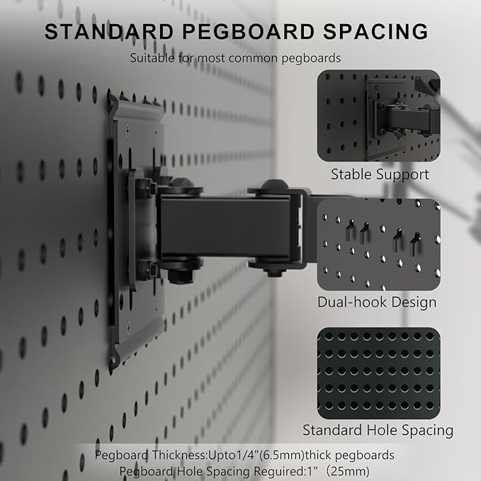 WALI Articulating Pegboard Adjustable Mount for Laptop and Monitor 2 in 1 with Vented Tray, Fits 1" Hole Spacing & Up to 1/4" Hole Diameter, Supports Laptop or Monitor Under 8.8lbs, PM00LP, Black
