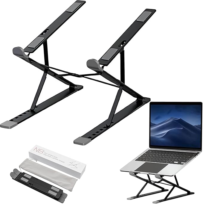 Adjustable Laptop Stand, Foldable Aluminum for 10-17” Laptops, Ergonomic Black
