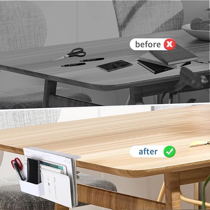 Desk Side Storage Organizer, Under Desk Laptop Holder with Magnetic Pen Holder, No Drill Hanging Desk Caddy for Office & Home, Clamp On Desk Shelf for Tablet, Files, Accessories (White)