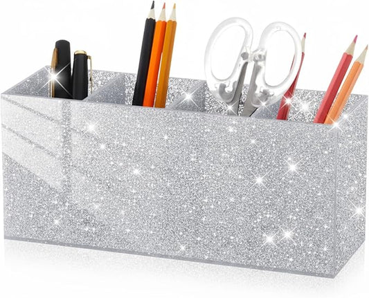 Jetec Acrylic Glitter Pen Holder 4 Compartments Bling Makeup Brush Stationery Organizer Pencil Holder for Desk Accessories Sparkly Gifts for Women Birthday Valentines Desktop Workplace Office(Sliver)
