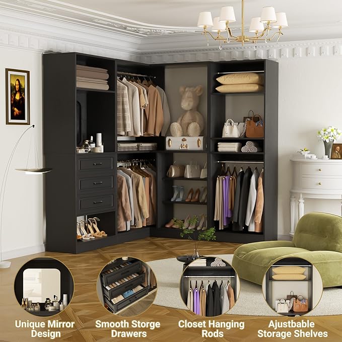Unikito Closet System with Drawers，86”Modular Corner Closet Organizer System With Mirror，Freestanding Wood Wardrobe Organizer with Hanging Rods & Adjustable Shelves, Walk in Closet Tower, Black