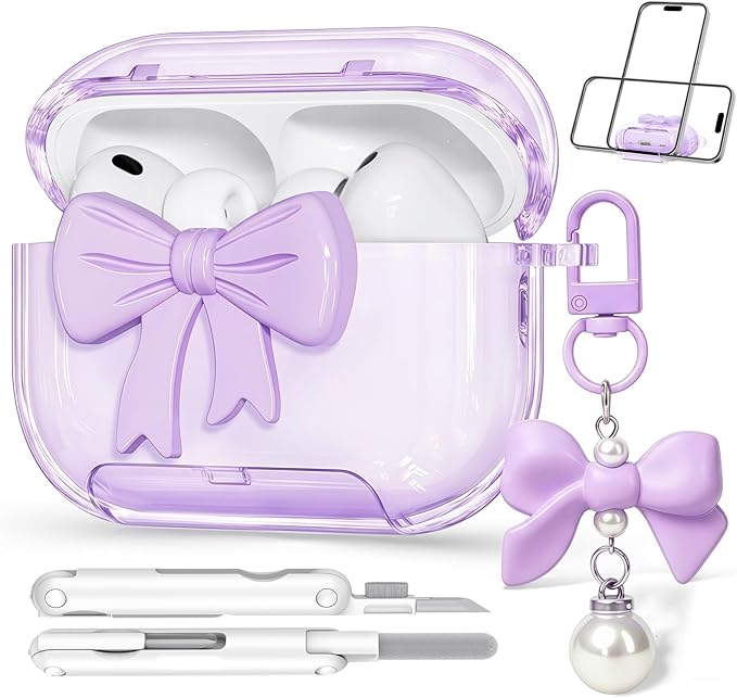 for Airpods Pro 3 Case Pink 2025 with Safety Lock & Phone Stand, Bow Clear iPod Pro 3 Cases with Cute Keychain & Cleaning Kit, Soft TPU Cover for AirPods Pro 3rd Generation Case Girls Women (Purple)