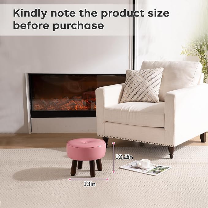 oakvivo Small Foot Stool Round Pouf Ottoman, 13'' Leather Foot Rest with Non-Skid Rubber Legs, Foolstool Ottomans for Couch, Sofa Footrest Step Stool for Living Room Bedroom Entryway Office, Pink