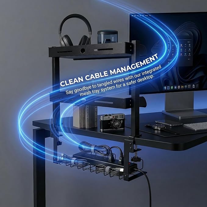 Clamp On Desk Shelf, 17'' 2-Tier Desktop Organizer Shelf with Under-Desk Hidden Storage Basket, Heavy-Duty Desk Shelves for Top of Desk, Space-Saving Desk Storage for Home Office Gaming Setup (Black)