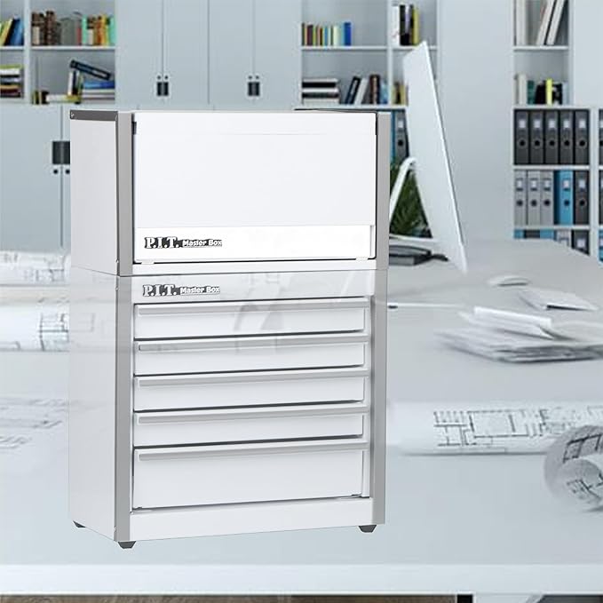P.I.T. Mini Tool Box 8.6"W X 4.6"D, Portable 3 Drawer Steel Stackable White Tool Box with Magnetic Tab Locking, White Micro Top Chest with Liner for Tools Storage and Organizers, Home DIY