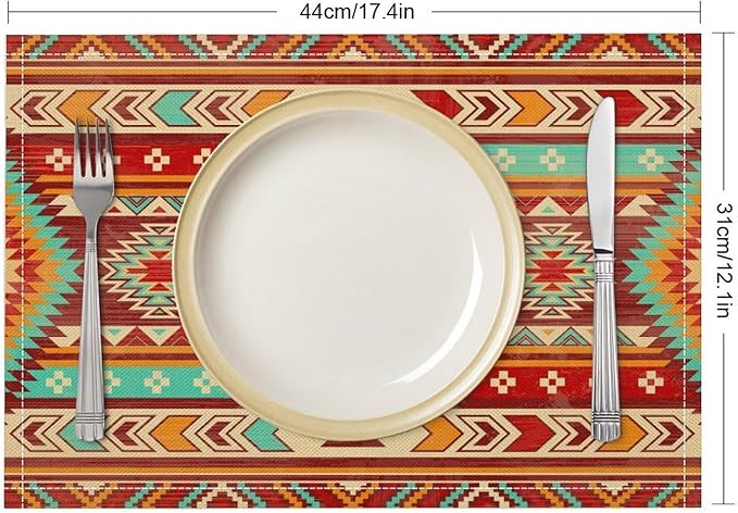Vintage Aztec Southwest Placemats Ethnic Style Design Boho Geometric Pattern Linen Washable Table Mats Stain Heat-Resistant Desktop Decor Place Mats for Home Kitchen Dining Party 12x18 in 6 Pcs