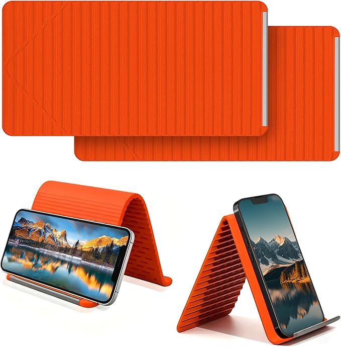 Foldable Silicone Aluminum Holder, Flexible Silicone Phone Stand with Anti-Slip Pad, Portable Rollable Multi-Angle Stand for Phone Tablet Laptop – Bendable & Foldable Home, Office, Travel(2, Orange)