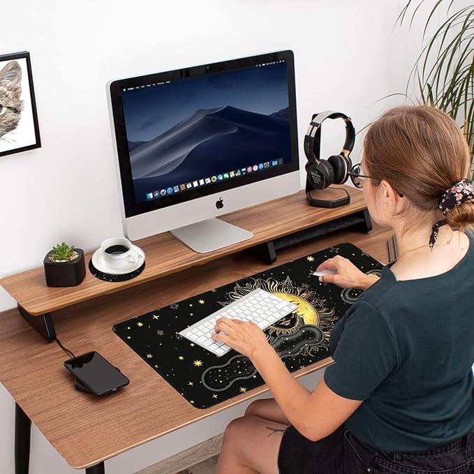 Ergonomic Mouse Pad Set with Wrist Support for Keyboard and Wrist Rest for Mouse, Memory Foam Comfort, Non-Slip Large Desk Mat for Home Office Pain Relief,Sun Moon Star