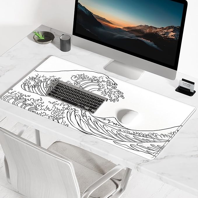 BOSOBO Large Desk Mat, XXL Gaming Mouse Pad, Office & Home Full Cover 35.5 x 15.7 Inches, Art Kanagawa Surfing White