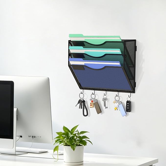 Gawerk Hanging Wall File Organizer with 5 Hooks - Wall Mounted Mail Paper Document Folder Holder, Sturdy Mesh Magazine Rack for Office Home (3 Tier)