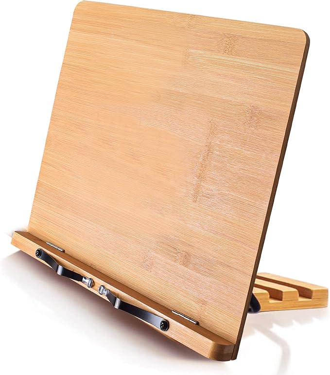 wishacc Bamboo Book Stand for Reading, 13.2" x 9.2" Premium Wooden Cookbook Holder and Recipe Stand for Kitchen Counter, Foldable Adjustable Desk Easel with 5 Angles for Textbooks, Sheet Music, Tablet