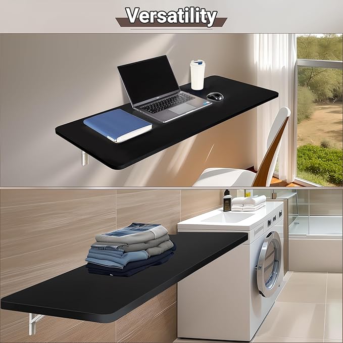 Neoaider Wall Mounted Folding Table 47.2”L x 19.7”W, Laundry Folding Table with Heavy Duty Metal Collapsible Shelf Brackets, Wall Mounted Desk Fold Down for Small Spaces, Black