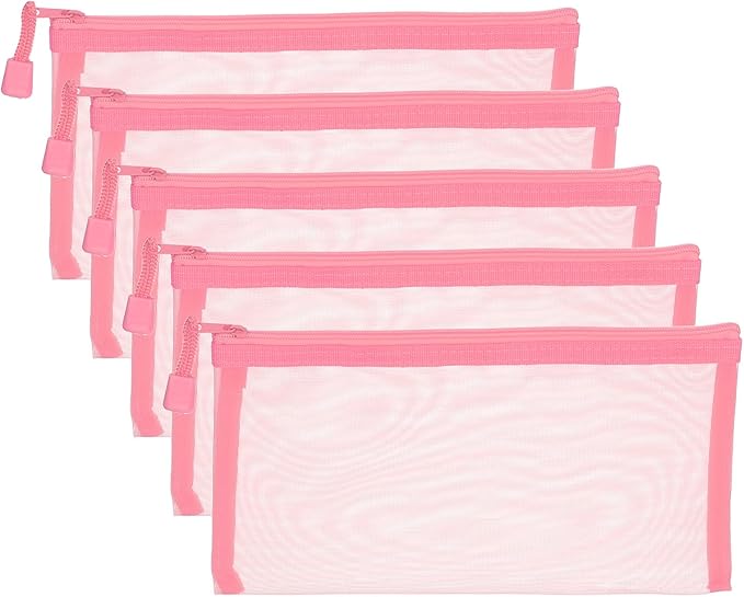 PATIKIL B6 Mesh Zipper Pouch Bags, 5 PCS Mesh Bags with Zipper Plastic Storage Pocket for Organizing File Beads Office Home Supplies, 11.5x23cm, Pink