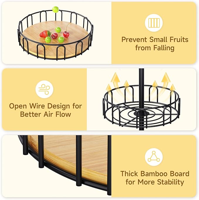 PouHenier.jh 3 Tier Rotating Fruit Basket Bowl, Kitchen Counter Wire Produce Organizer Holder, Stable Vegetable Storage Stand with 2 Banana Hangers, Countertop Tiered Veggie Rack, Easy Setup, Black