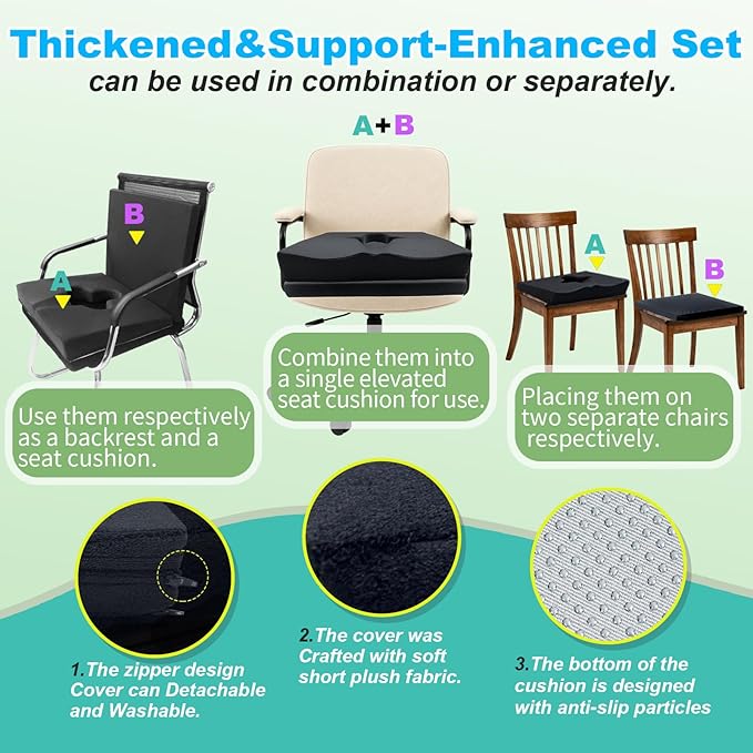Gel Wheelchair Seat Cushion,Bed Sore Cushions for Butt,hemorrhoid Pillow,Sciatica,Coccyx,Pressure Sore&Ulcer Pain Relief Butt Pillow for Office Chair(Black-Set)
