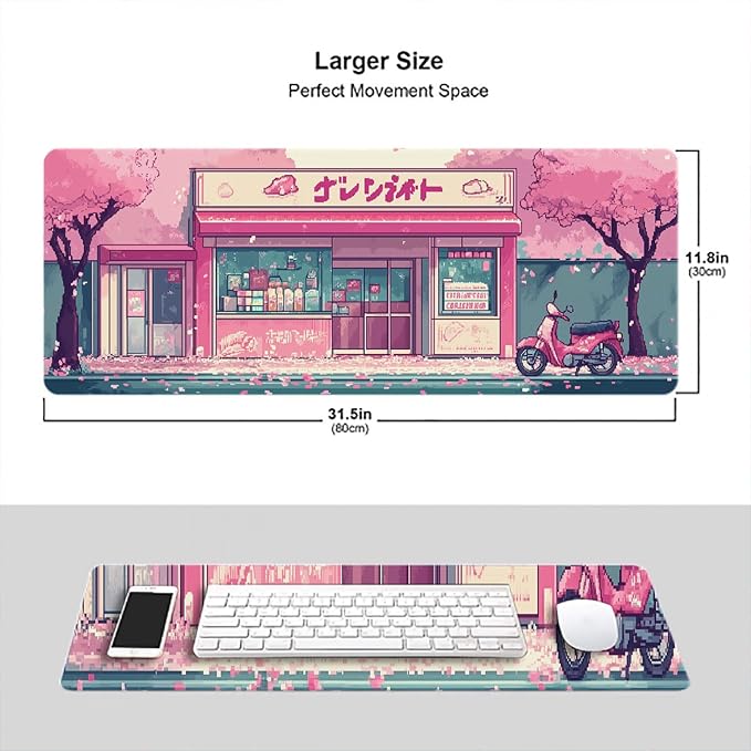 Japanese Anime Mouse Pad Pink Cherry Tokyo Street Aesthetic Large Gaming Mouse Mat with Stitched Edges,Non-Slip Waterproof Rubber Base Mous Mat Office Computer Keyboard Laptop Home 31.5x11.8 Inch