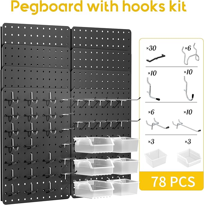 Peg Board for Tools, 8 Pack Metal Pegboard Wall Organizer with Hooks,14.76"×10.82" Black Pegboard Panels for Walls Home, Garage Tool Storage, Kitchen, Office Organization, Craft Room