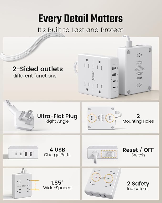 SUPERDANNY Flat Plug Power Strip Surge Protector 10 Ft Long Flat Extension Cord with 4 Outlets & 4 USB (2 USB-C) Charging Station for Home Office, College Dorm Room Essentials, Travel, White