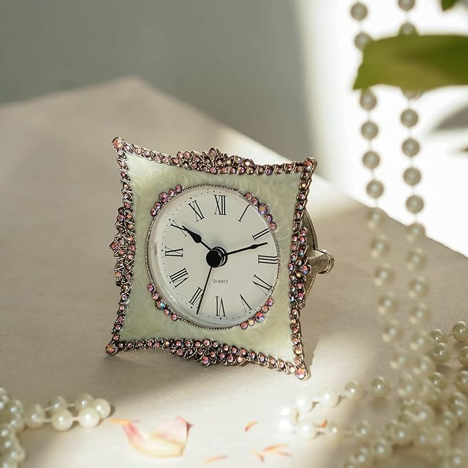 NIKKY HOME Crystal Elegant Small Quartz Analog Table Clock with Rosy Rhinestone Non-Alarm Desk Clock 3.5 by 1.5 by 3.5 Inches, White and Pink