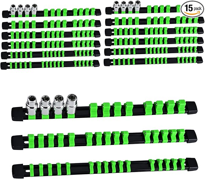 Socket Organizer Set 15PCS ABS Socket Holder Kit, 1/4-Inch x 80 Clips, 3/8-Inch x 75 Clips, 1/2-Inch x 60 Clips Socket Set Organizer, Drive Socket Tray, Socket Holders Clip Socket Rail, Green
