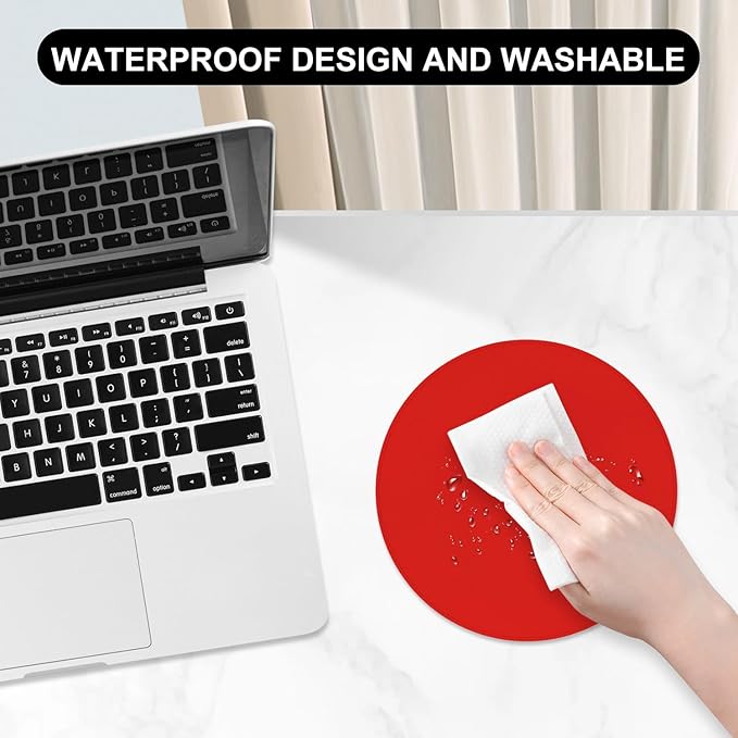 Leather Mouse Pad, Office Mouse Mat Non-Slip Rubber Base Stitched Edge Washable Waterproof Round Mousepad for Office Gaming PC Laptop, Round Diameter 8.7 inches, Bright Red