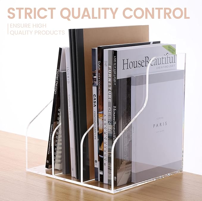 HeZone Desk File Organizer, Acrylic Magazine File Holder with 3 Vertical Compartments Rack File Sorter for Office Home Classroom Desk Organization, Clear…