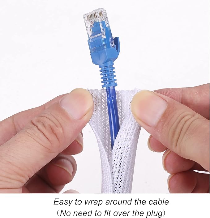 10ft - 1/4 inch Braided Cable Management Sleeve Cord Protector - Self-Wrapping Split Wire Loom for TV/Computer/Home Theater/Engine Bay - White