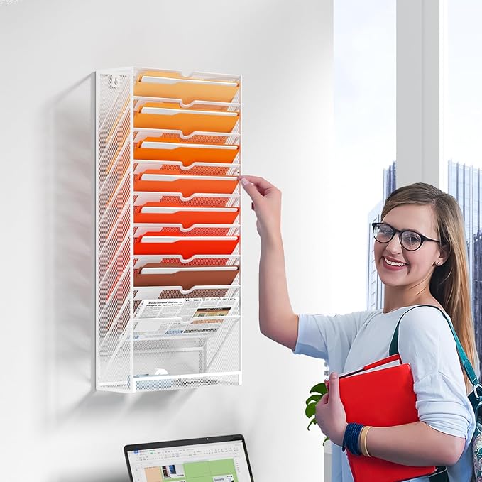 Marbrasse 10-Tier Hanging Wall File Organizer, Wall File Holder for Papers, Files Clipboard & Magazine Organizer, Wall Mount File Holder Great for Office Home (White)