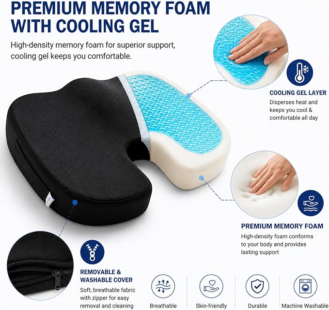 Seat Cushion for Long Sitting, Cooling Gel Memory Foam Seat Cushion - Back, Sciatica, Coccyx, Tailbone Pain Relief - for Office Chairs, Car Seat, Wheelchair Sitting Cushion (Black)