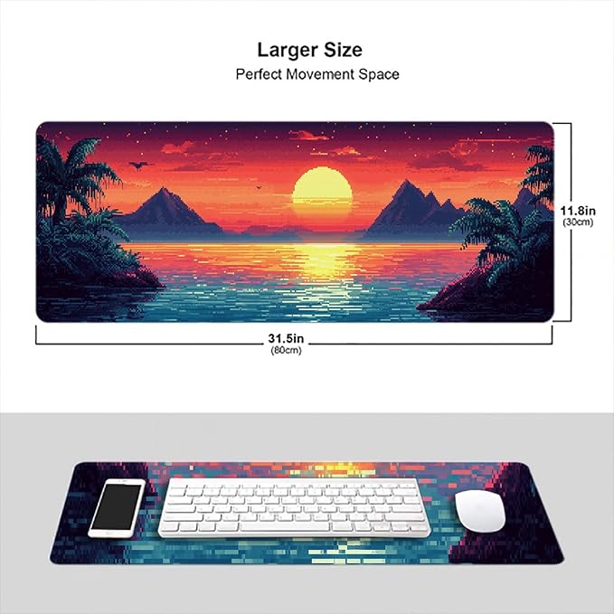 Pixel Art Desk Pad Mouse Pad Sunset Hawaiian Sea Mountains Mousepad XL Large Gaming Mouse Pad Laptop Keyboard Mat Desk Pad 31.5"x11.8" Office Computer Keyboard Laptop Home
