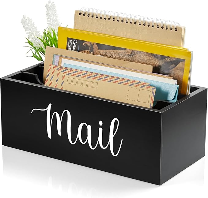 DRASTAR Mail Organizer Countertop, Wooden Mail Holder with 3 Slots, Desktop Mail Organizer, Black Mail Sorter for Home Office Accessories
