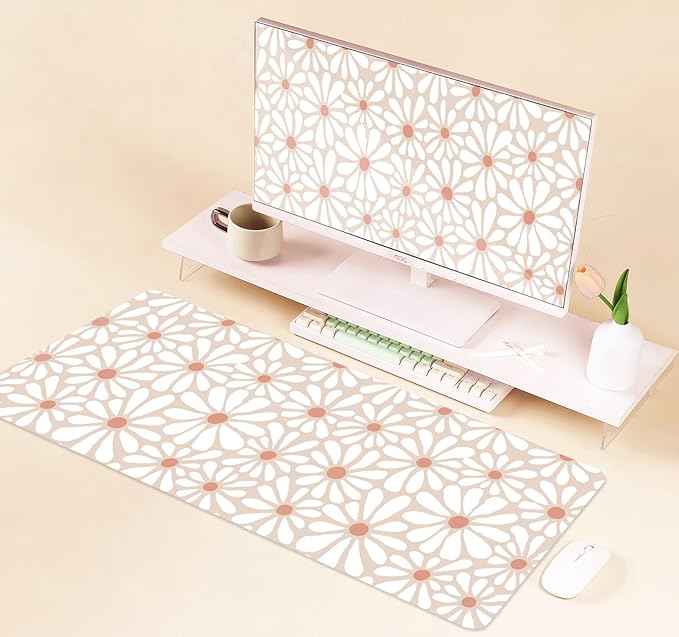 Cute Large Mouse Pad for Desk, Beige Flower Desk Pad for Computer Keyboard Laptop, Daisy Boho Big Mousepad, Non-Slip Base Floral Desktop Mat for Home Office, 31.5 x 11.8 inches