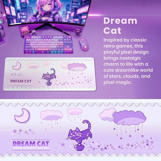 BELLEMOND Japanese Art Desk Mat | Large 31.5x11.8in Anime Mouse Pad for Keyboard & Mouse | Non-Slip Base, Water-Repellent | Original Japanese Design | Dream Cat
