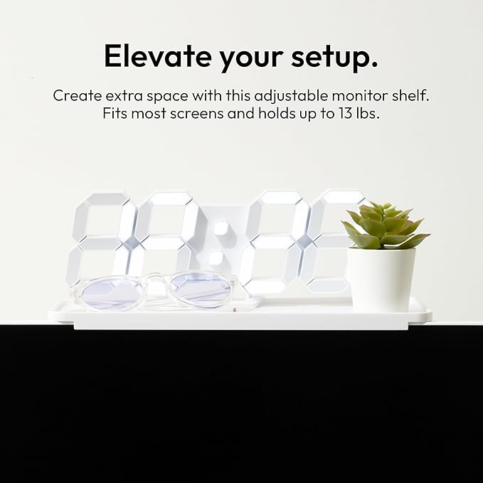 Pixio 12 inch White Monitor Storage Top Shelf - Adjustable Platform, Universal Fit, Holds Up to 13lbs, Works on TV, Flat, Curved Monitors, Storage for Webcams, Clocks, Phone, Figures