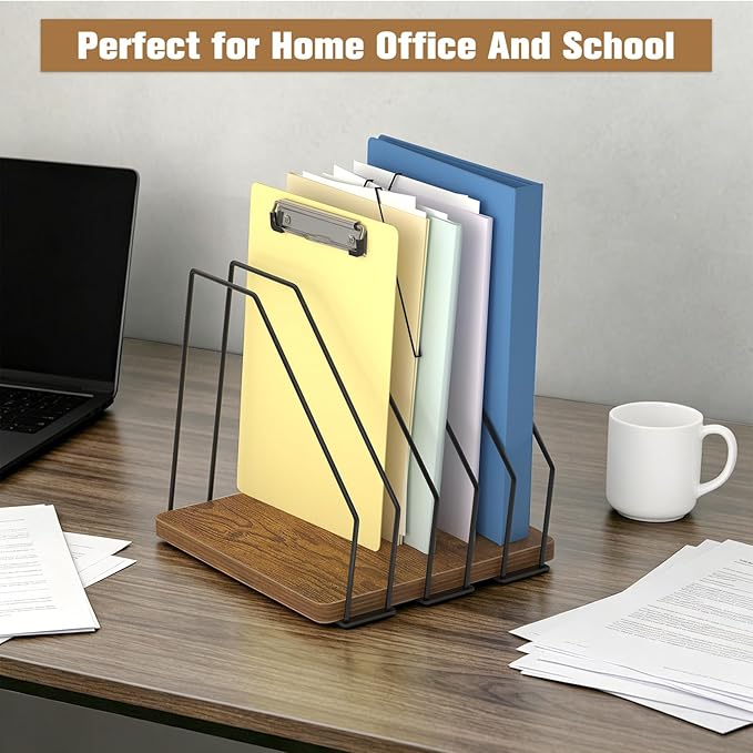 Inclined Desk File Organizer, 5-Section Vertical File Folder Holder, Desk Files Organizer Stand, Metal Files Sorter Rack Stand for Office Home School