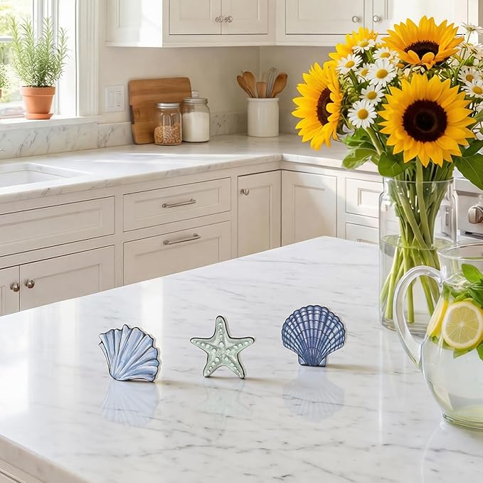 Smile 3 Pcs Wooden Decor Summer Indoor Decorations, Starfish Shell Style, Summer Table Centerpieces for Home Kitchen Seasonal Display