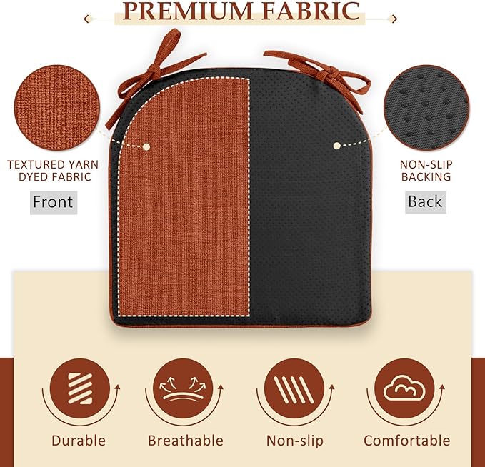 Wellsin Chair Cushions for Dining Chairs 4 Pack - Kitchen Chair Cushions with Ties and Non-Slip Backing - Dining Chair Pads 16"X16"X2", Orange