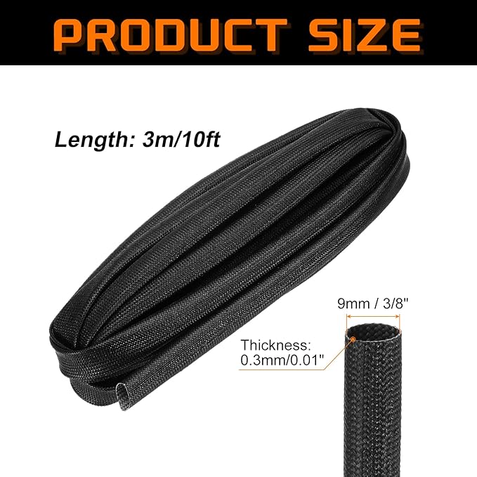 MECCANIXITY 10ft Braided Cable Sleeve, 3/8" ID 200C Heat Resistant 1500V Fiberglass Wire Insulation Cord Protector Organizer Wires Management for Motor Engine Fuel Line, Black
