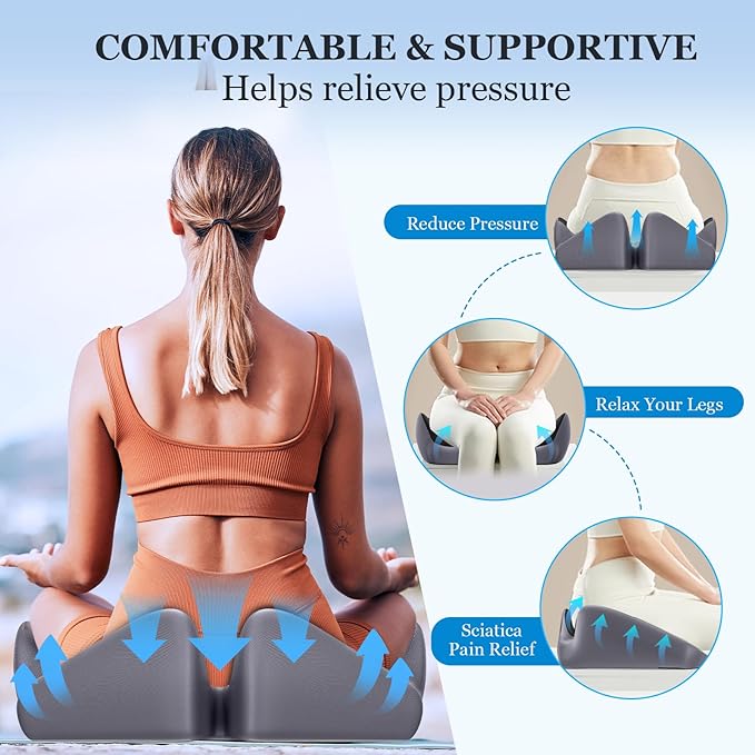 Office Chair Cushion, Large Breathable Ergonomic Seat Cushion – Pressure Relief for Tailbone/Sciatica/Back Pain from Long Sitting, Memory Foam Pad for Desk Chairs, Office Chairs & Long Trips