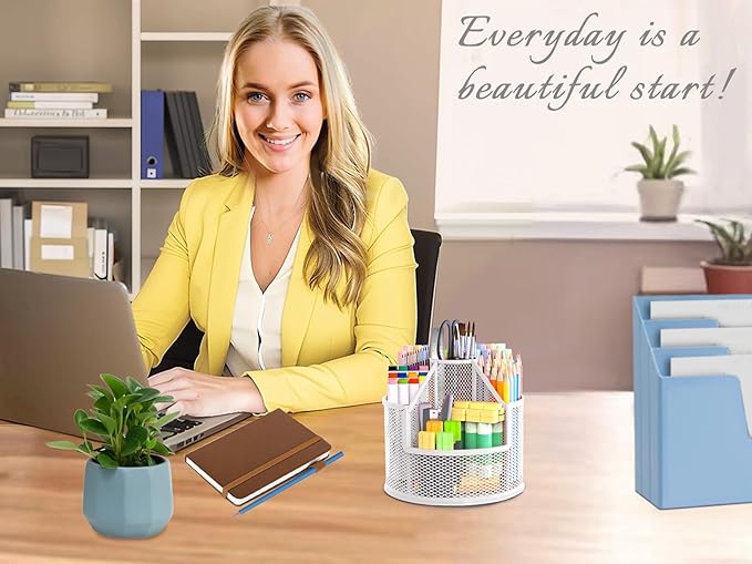 Sturdy Rotating Pen Holder, Cute Metal Pencil Holder, Large Mesh Pen Organizer for Desk, Premium Friendly Office Desk Accessories & Workspace Organizers, White